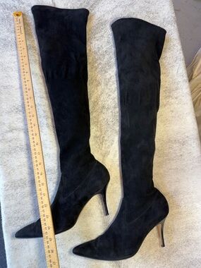 Manolo Blahnik boots black STRETCH suede tall  *sz 39.5 Fits 8-8.5 Stiletto Y2K‎
